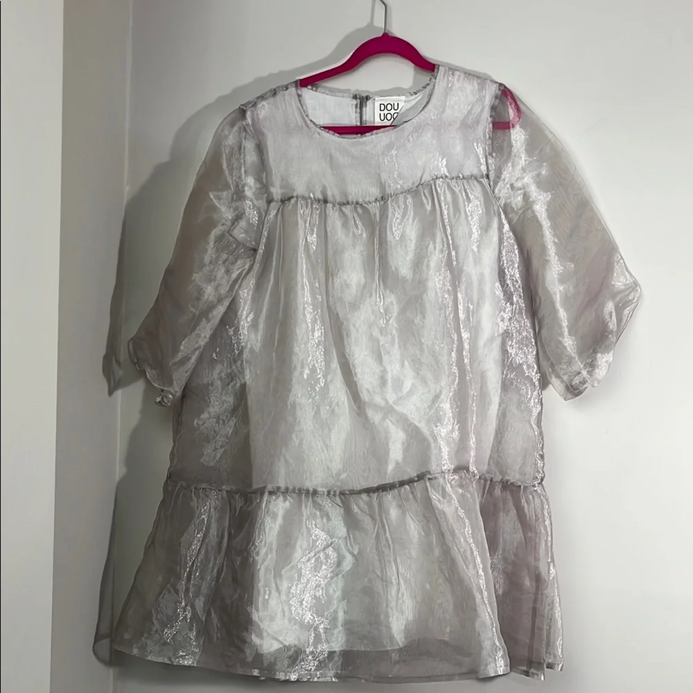 Douuod organza double layer silver tiered dress